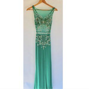 Beaded Green Open Back Prom Gown